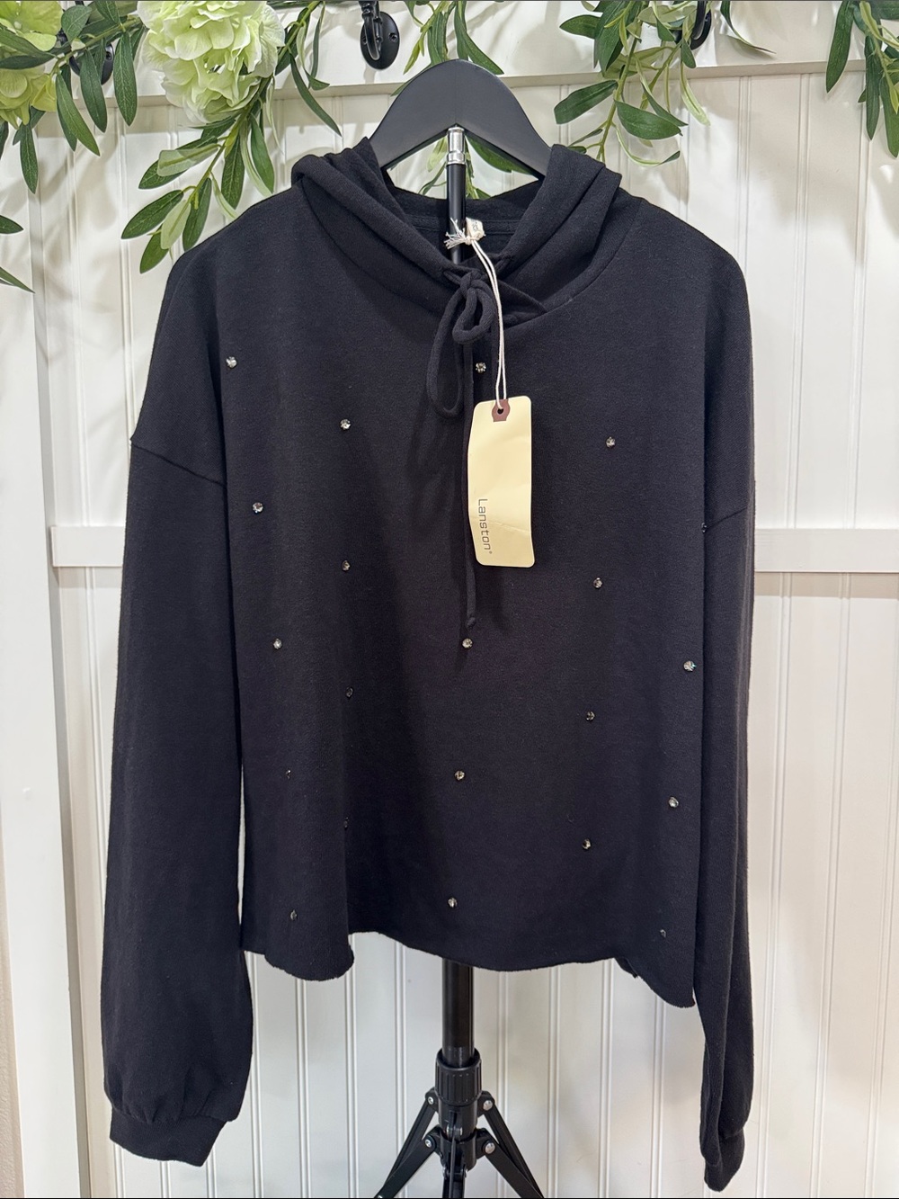 #196 LANSTON Bedazzled Cropped Hoodie Sweatshirt Large NWT